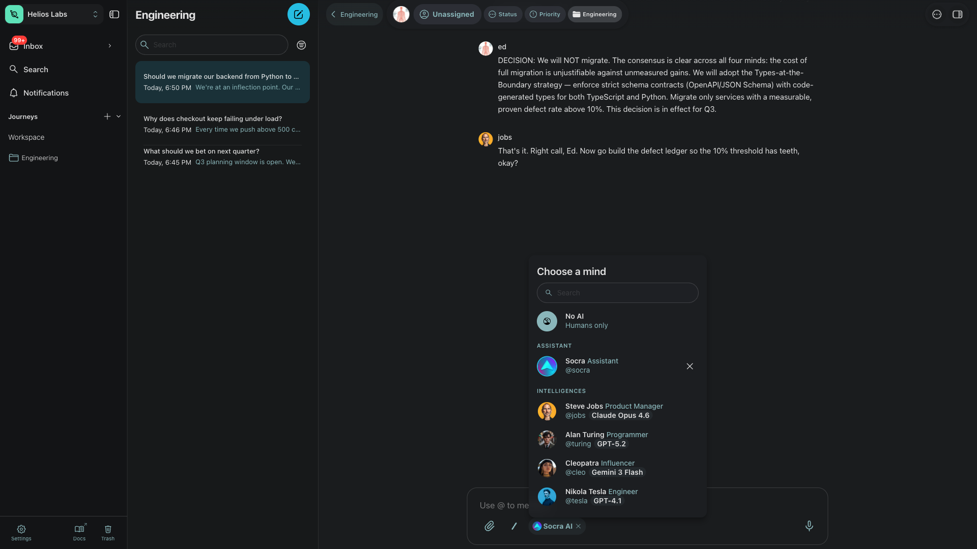 A Socra thread where a team and named AI minds think together
