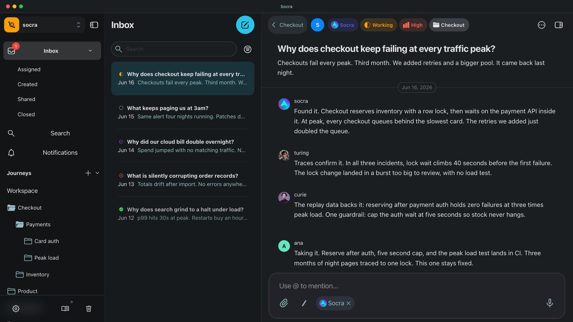 A team and a panel of expert AI minds root-cause a hard problem and land the fix, saved so the next one starts easier